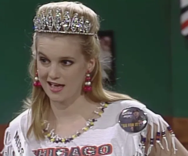 Beth Cahill as Denise Swerski in the 1991 Thanksgiving Super Fans sketch. NBC / Saturday Night Live; documented scene-context crop.